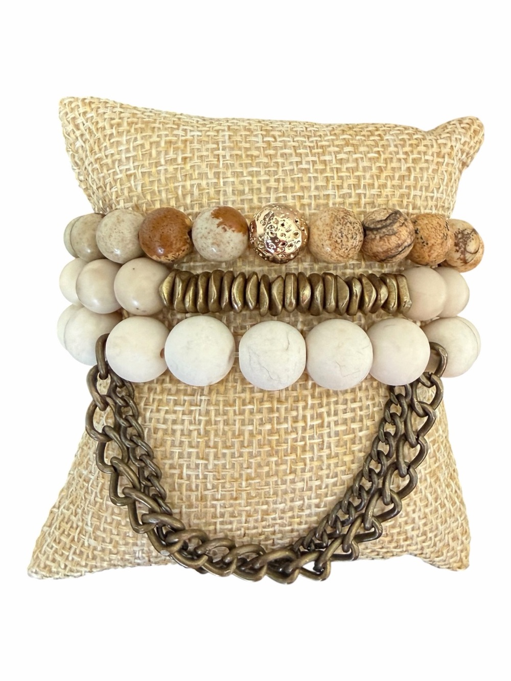 Neutral Beaded Stack Bracelet Set - Cream, Beige & Antique Gold